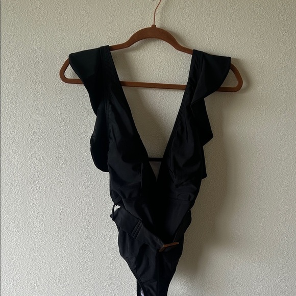 Black Plunge One Piece Swimsuit with Belt - Picture 6 of 9